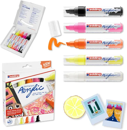 Miniatura 29 de edding 5000 marcadores acrílicos anchos – amarillo, azul, rosa y turquesa – Paquete de 5 marcadores de pintura acrílica (abstracto) – Punta