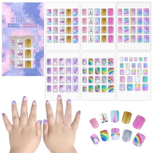 Miniatura 20 de 120 unidades de 5 uñas postizas acrílicas a presión para niños, lindo prepegamento de cubierta completa con purpurina, color degradado, arcoíris