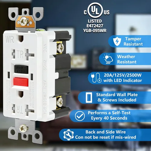 Miniatura 3 de POWAWINI - Enchufe GFCI de 20 amperios, certificación UL, receptáculos GFI de autocomprobación, resistentes a manipulaciones, resistente a