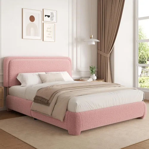 Miniatura 16 de Base de cama de tamaño Full con tapizado de bouclé, plataforma tapizada con cabecera, anticolisión con esquinas redondeadas suaves, no requiere