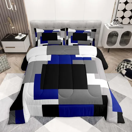 Miniatura 14 de jejeloiu Juego de edredón geométrico para niños, tamaño individual, diseño de rayas de color negro, blanco y gris, juego de ropa de cama decorativo