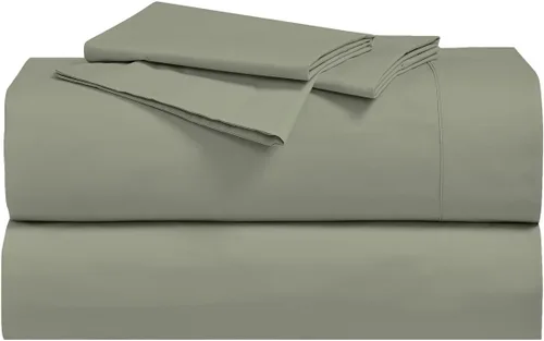 Juego de sábanas de percal 100 % algodón con bolsillos profundos de 15 pulgadas (tamaño matrimonial, salvia lisa), ropa de cama transpirable y