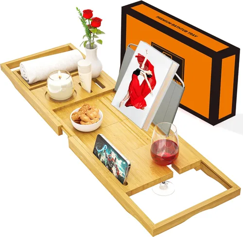 Miniatura 9 de Bandeja de bañera de alta calidad – Bandejas de baño de madera de bambú expandibles para bañera – Bandeja de mesa de bañera para bañera/bañera