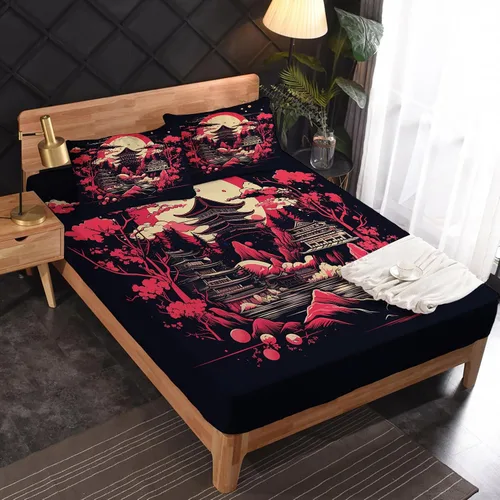 Miniatura 2 de Sábanas japonesas tamaño Queen – Sábanas de cama de estilo asiático, microfibra suave, bolsillo profundo, sábanas y fundas de almohada estampadas