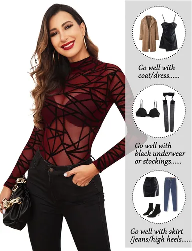 Miniatura 4 de Avidlove Body de manga larga para mujer, cuello alto, malla transparente, leotardos con estampado geográfico