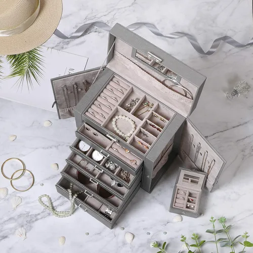 Miniatura 2 de ANWBROAD Caja de joyería grande de 6 niveles organizador de joyas con cerradura de espejo caja de joyería para niñas aretes anillos collares