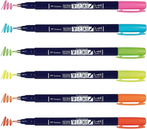 Miniatura 2 de Tombow 56437 Fudenosuke Neon Brush Pen, paquete de 6 bolígrafos de punta dura Fudenosuke en varios colores neón para caligrafía y dibujos artísticos