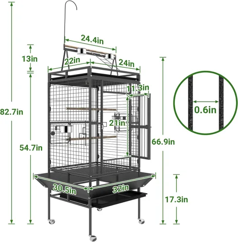 Miniatura 3 de Jaula para Pájaros de 82 Pulgadas, BOINN Jaulas de Vuelo para Pájaros con Soporte Rodante y Bandeja Inferior, Jaula de Loro de Hierro Forjado con 82