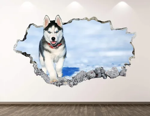 Husky - Calcomanía de pared para decoración 3D de perro siberiano destrozado, póster para habitación de niños, regalo personalizado BL238 (22
