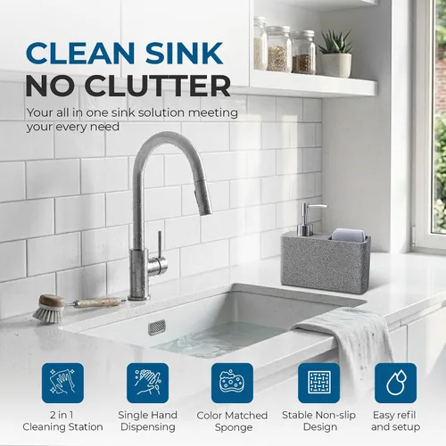Miniatura 4 de Havara - Dispensador de jabón para platos de resina de granito con soporte para esponja, gris piedra Kitchen Soap Dispenser & Sink Organizer for