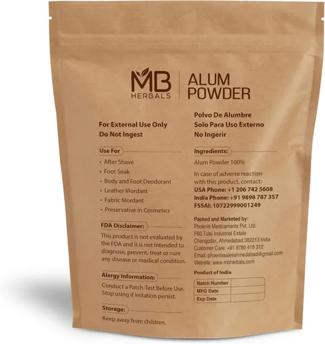 Miniatura 2 de MB Herbals Polvo de alumbre de 100 gramos (3.5 oz) Desodorante Después del afeitado Tela de cuero y papel mortal Uso externo solo