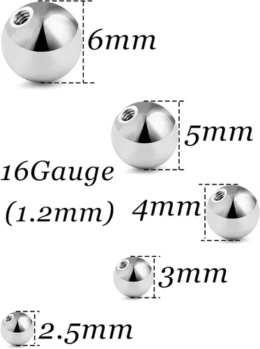 Miniatura 2 de Vsnnsns Bolas de repuesto de acero quirúrgico 316L 14G 16G bolas de perforación roscadas externamente para pezones lengua vientre labios tabique