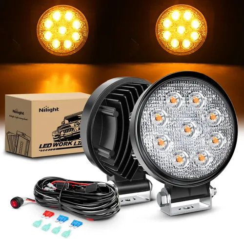 Nilight - 2 barras de luz LED de 4.5 pulgadas, 27 W, focos redondos ámbar, luz estroboscópica todoterreno, para neblina, techo, para SUV, camión,