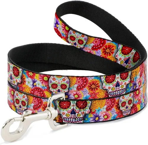 Buckle-Down Correa para perro Sugar Skull Starburst blanco multicolor 6 pies de largo 1.0 pulgadas de ancho, multicolor (DL-6FT-WTY008)