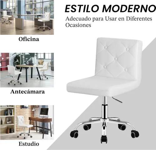Miniatura 5 de VECELO Silla de tocador de piel sintética con respaldo medio sin brazos, altura ajustable, giratoria en 360°, para oficina en casa, color blanco