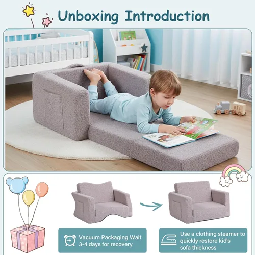 Miniatura 9 de Tiita Sofá para niños, sofá infantil 2 en 1, sofá convertible para niños, sofá convertible para niños, sofá plegable para niños o niñas (gris)