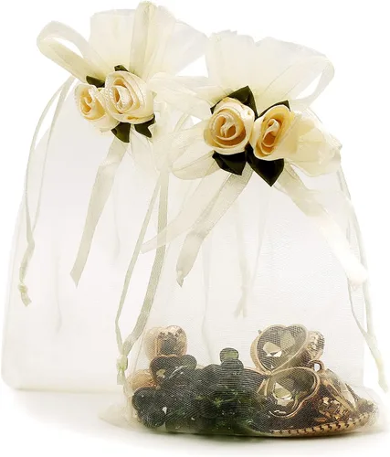 SumDirect Bolsas de regalo de organza rosa – 50 bolsas amarillas de regalo de boda de 4 x 6 pulgadas, bolsas de joyería con cordón para fiestas,
