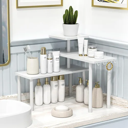 Miniatura 3 de JayRex Organizador de baño, estante de encimera, estante de esquina de 3 niveles, organizador de bambú ajustable para encimera de baño, maquillaje