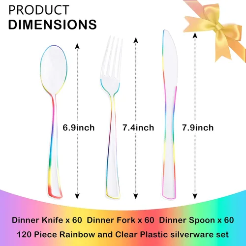 Miniatura 3 de Supernal 120 PCS Cubiertos de Plástico Transparente Resistentes – Utensilios Desechables Juego de Cubiertos Coloridos Arcoíris Incluye 40 Tenedores