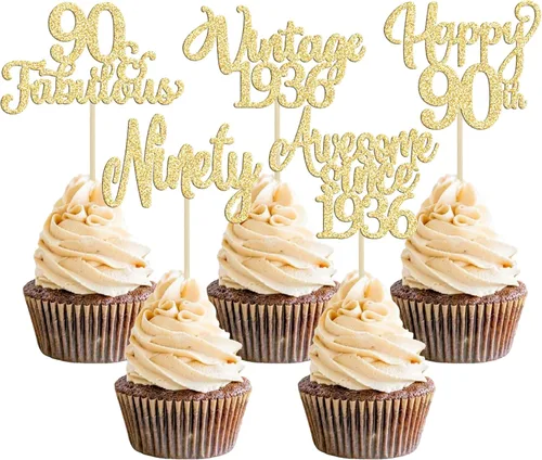 30 piezas de adornos para cupcakes vintage de 1935 con purpurina, noventa, feliz 90 cumpleaños, 90 fabulosas púas para cupcakes, increíbles desde