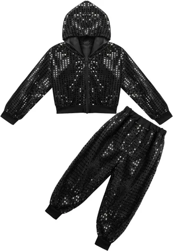 Miniatura 3 de inhzoy Conjunto de lentejuelas para niña, danza callejera, hip hop, danza, rendimiento, con capucha y pantalones de harén