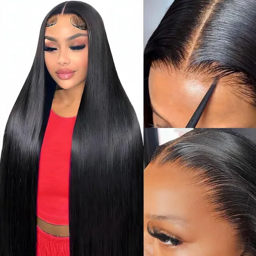 Miniatura 19 de mengkai Pelucas de cabello humano de 32 pulgadas con encaje frontal de 13x6, cabello humano predesplumado liso, peluca frontal de encaje HD