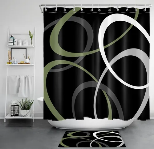 Miniatura 10 de EOBTAIN Cortina de ducha con patrón geométrico azul para baño, cortina de ducha abstracta gris y blanca sobre tela negra con 10 ganchos, cortinas