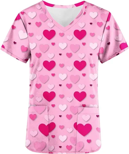 Miniatura 3 de Valentine's Day Scrub_Tops Women Heart Printed Top Short Sleeve V Neck Working Uniforms with Pockets