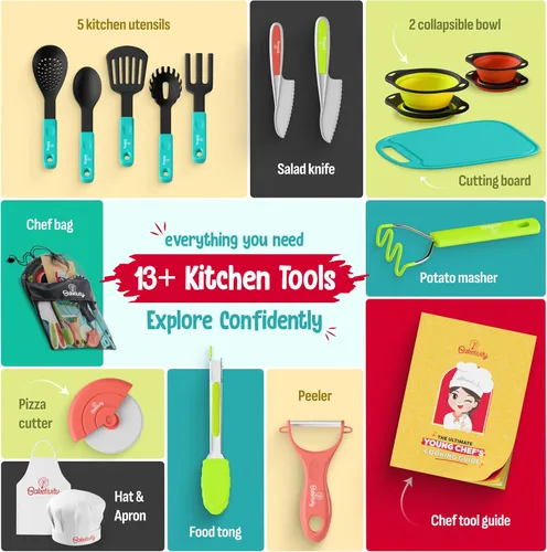 Miniatura 3 de Baketivity Juego de cocina para niños, utensilios reales con guía de herramientas de cocina, juego completo de cocina junior regalo para niñas