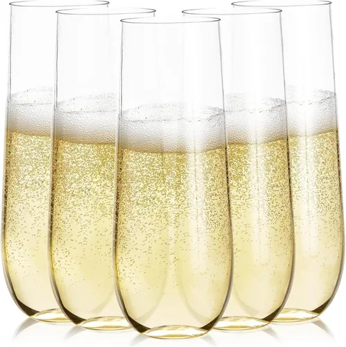 Prestee 24 Copas de Champán de Plástico - Copas de Champán sin Tallo Resistentes de 9oz para Fiestas - Vasos de Brindis de Plástico Transparente
