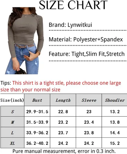 Miniatura 4 de Lynwitkui Blusa de manga larga elástica ajustada acanalada para mujer, blusa básica de color liso