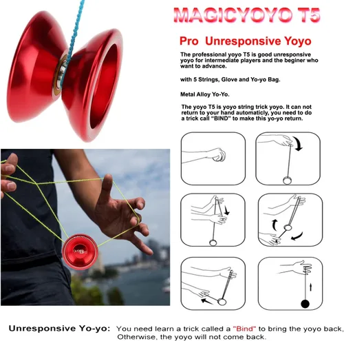Miniatura 2 de Magicyoyo T5 Overlord Professional Yoyo Yoyo de aleación con 12 cuerdas de yoyo, bolsa de yoyo, guante, regalo de Navidad para niños (rojo)