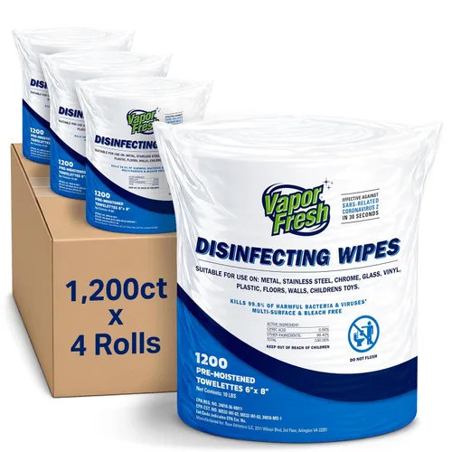 Vapor Fresh Toallitas desinfectantes – 1200 unidades x 4 rollos (4,800 toallitas en total) desinfectante de grado comercial alimentado por plantas