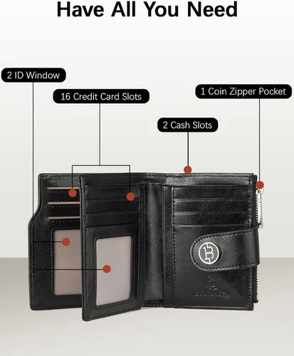 Miniatura 2 de BOSTANTEN Cartera de cuero para mujer, pequeña, con bloqueo RFID, bolsillo con cremallera, tarjetero con ventana de identificación, 1-negro