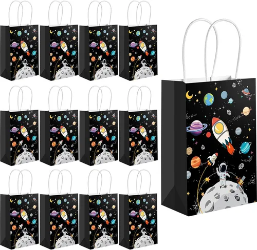 12 bolsas de regalo para el espacio exterior con asa de papel, bolsas de regalo de galaxia para cumpleaños, suministros de fiesta temática de galaxia