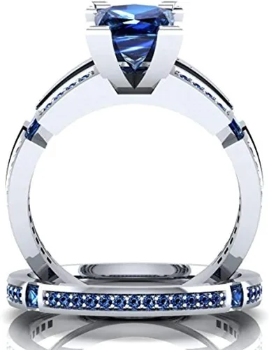 Miniatura 2 de Juego de anillos de compromiso de boda de zafiro azul creado princesa y redondo para mujer, plata de ley 925 chapada en oro blanco de 14 quilates