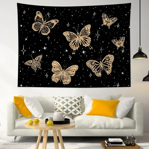 Miniatura 12 de LB Tapiz de mariposa colorido para colgar en la pared, diseño de mariposas de insectos sobre fondo negro, tapiz hippie de fantasía para dormitorio