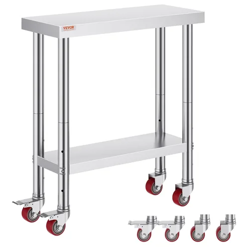 Miniatura 13 de Vevor Mesa de trabajo de acero inoxidable con ruedas de 24 x 12 x 32 pulgadas, mesa de preparación con 4 ruedas, mesa de trabajo resistente