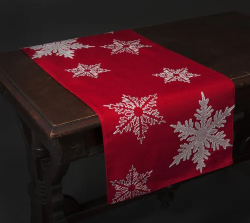 Miniatura 2 de XD17141 - Camino de mesa de Navidad bordado con copos de nieve, 16 x 36 pulgadas, rojo