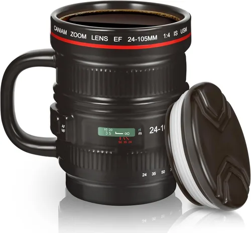 Cabtnca Taza de café con lente de cámara de 16 onzas, regalos de fotografía geniales para fotógrafos de Navidad, divertida taza de café de cerámica