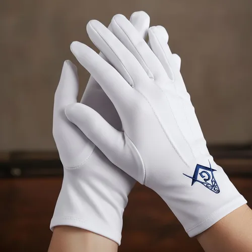 Miniatura 3 de Blue Square & Compass Masonic Embroidered Cotton Gloves - [White]
