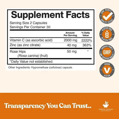 Miniatura 2 de American Standard Supplements Vitamina C 2000mg, Zinc 40mg, y Escaramujo 50mg por Porción – Vegano, Sin Gluten, Sin OMG (60 Unidades)