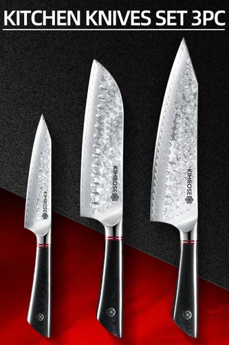 Miniatura 4 de KIMROSE Juego de cuchillos de Damasco - 3 piezas - Acero de aleación de alto carbono 10Cr15CoMoV - Cuchillo de chef profesional - Mango G10