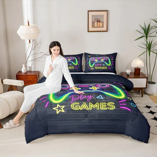 Miniatura 14 de Manfei Juego de edredón moderno de 2 piezas con estampado de consola de videojuegos de panal azul con 1 funda de almohada, juego de ropa de cama