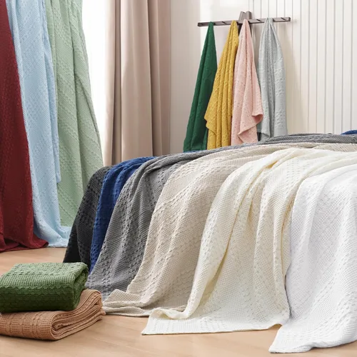 Miniatura 2 de PHF - Manta de punto gofre 100% algodón tamaño Queen, suave, ligera, transpirable, acogedora, de verano, para cama, tejida, estética, decoración