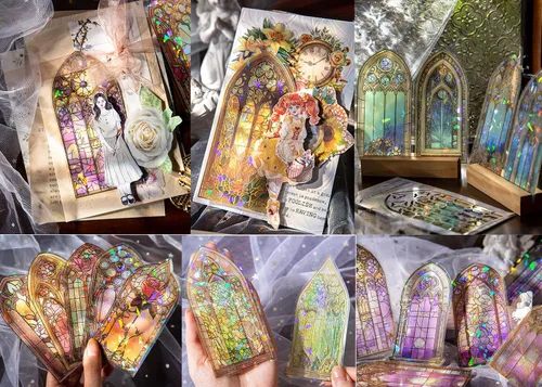 Miniatura 5 de Adhesivos de marco de ventana con flores esmaltadas, 60 piezas de pegatinas holográficas brillantes transparentes de PET para álbum de recortes DIY