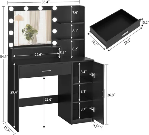 Miniatura 6 de Quimoo Escritorio de Tocador de Maquillaje con Espejo y Luces, Escritorio de Tocador con 5 Cajones y Estantes de Almacenamiento, Mesa de Tocador, 3