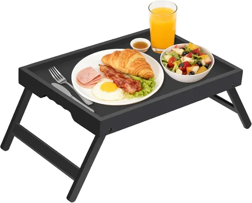 Miniatura 13 de Artmeer Bandeja de cama con patas plegables, desayuno de bambú en la cama para mesa de TV, bandeja de computadora portátil, comer, bandeja