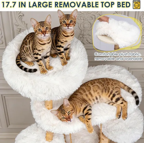 Miniatura 9 de Árbol de madera maciza para gatos de interior, torre moderna de varios niveles para gatos de 54 pulgadas con cesta colgante, postes rascadores
