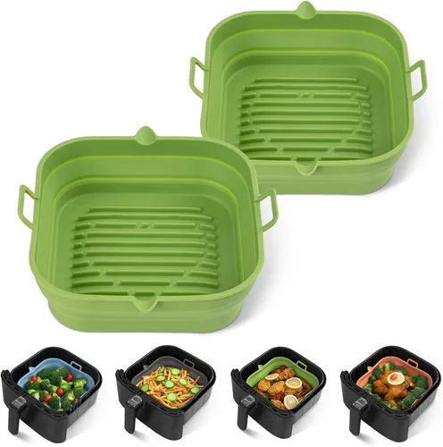 Miniatura 8 de [Paquete de 2] Forros cuadrados de silicona para freidora de aire – Cesta reutilizable para freidora de aire – Olla fácil de limpiar para freidora